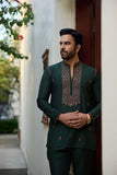 Deepak Perwani - Raw Silk Waistcoat For Men - Emerlad Green - 1 Piece