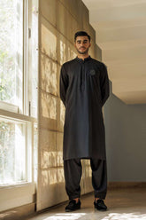 Deepak Perwani - Cotton Kurta Shalwar For Men - Black - 2 Piece
