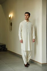 Deepak Perwani - Boski Linen Kurta Shalwar For Men - Cream - 2 Piece