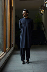 Deepak Perwani - Boski Linen Kurta Shalwar For Men - Midnight Blue - 2 Piece