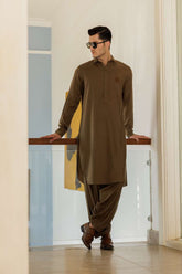 Deepak Perwani - Boski Linen Kurta Shalwar For Men - Brown - 2 Piece