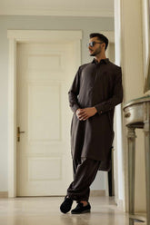 Deepak Perwani - Boski Linen Kurta Shalwar For Men - Dark Brown - 2 Piece
