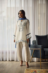 Deepak Perwani - Serene Silk Embroidered Suit For Women - White - 2 Piece