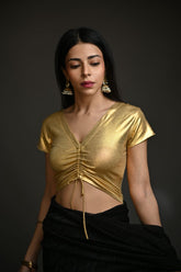 Maheen Khan - DRAWSTRING V NECK BLOUSE (CAP SLEEVES) - Gold - Jersey - 1 Piece