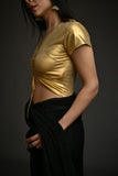Maheen Khan - DRAWSTRING V NECK BLOUSE (CAP SLEEVES) - Gold - Jersey - 1 Piece