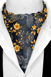 Black Wolf - GOLD HUMMINGBIRDS SILK ASCOT - Dark Navy Blue - 1 Piece