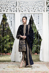 Laleen - Midnight Elegance Velvet Suit For Women - Blue - 3 Piece