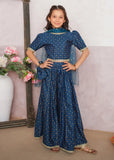 Modest - Rawsilk Printed Lehenga For Girl - Blue - 3 Piece