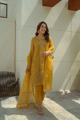 Laleen - Mustard Jewel Organza Suit For Women - Mustrad - 3 Piece