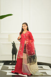 Fozia Khalid - NAQSH - Silk - Maroon - 3 Piece
