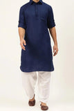Zarar - Navy Blue Kurta with Plain White Bottom (Wash n Wear) - Unstitch - 2 Piece