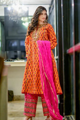 Pinktree - Neelum Munir Outfit - Orange & Hot Pink - Silk - 3 Piece