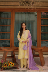 Omal by Komal - Leena - Lemon Yellow - Lawn & Chiffon - 3 Piece
