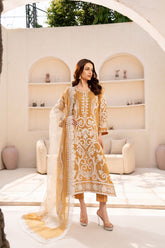 Anayra Amal - Textured Organza Elan Embroidered Suit For Women - Mustard - 3 Piece