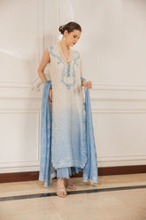 Shehrnaz - Faye - SHK-1497 - White & Blue - Pure Chiffon - Long Shirts - 3 Piece