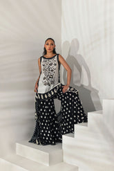 Shehrnaz - Monochrome Embroidered Tunic with Flared Palazzos - White - 3 Piece