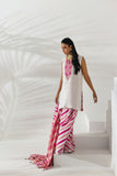 Shehrnaz - Pearl White Kurta with Fuchsia Striped Shalwar - Beige - 3 Piece