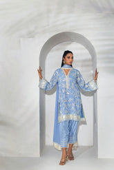 Shehrnaz - Powder Blue Floral Threadwork Kurta Set - Aqua blue - 3 Piece