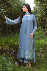 Natasha Kamal - Gorgette Chiffon Slate Suit For Women - Grey Blue - 3 Piece