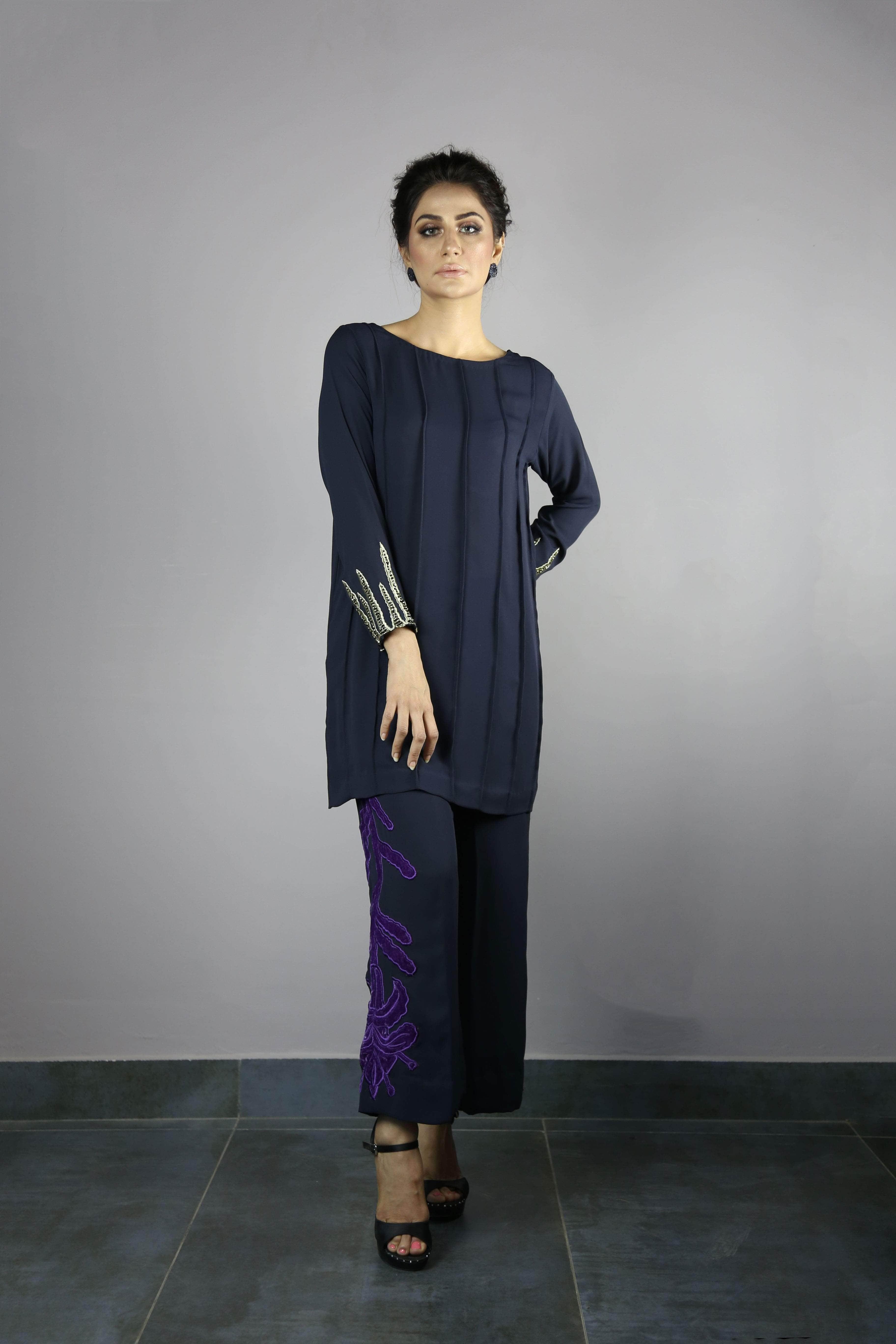 Urooj Fahd - Navy Blue Pintex Top - 2 PC