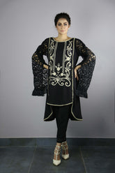Urooj Fahd - Black Long Croched Sleeves Top - 2 PC