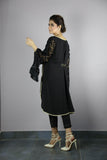 Urooj Fahd - Black Long Croched Sleeves Top - 2 PC