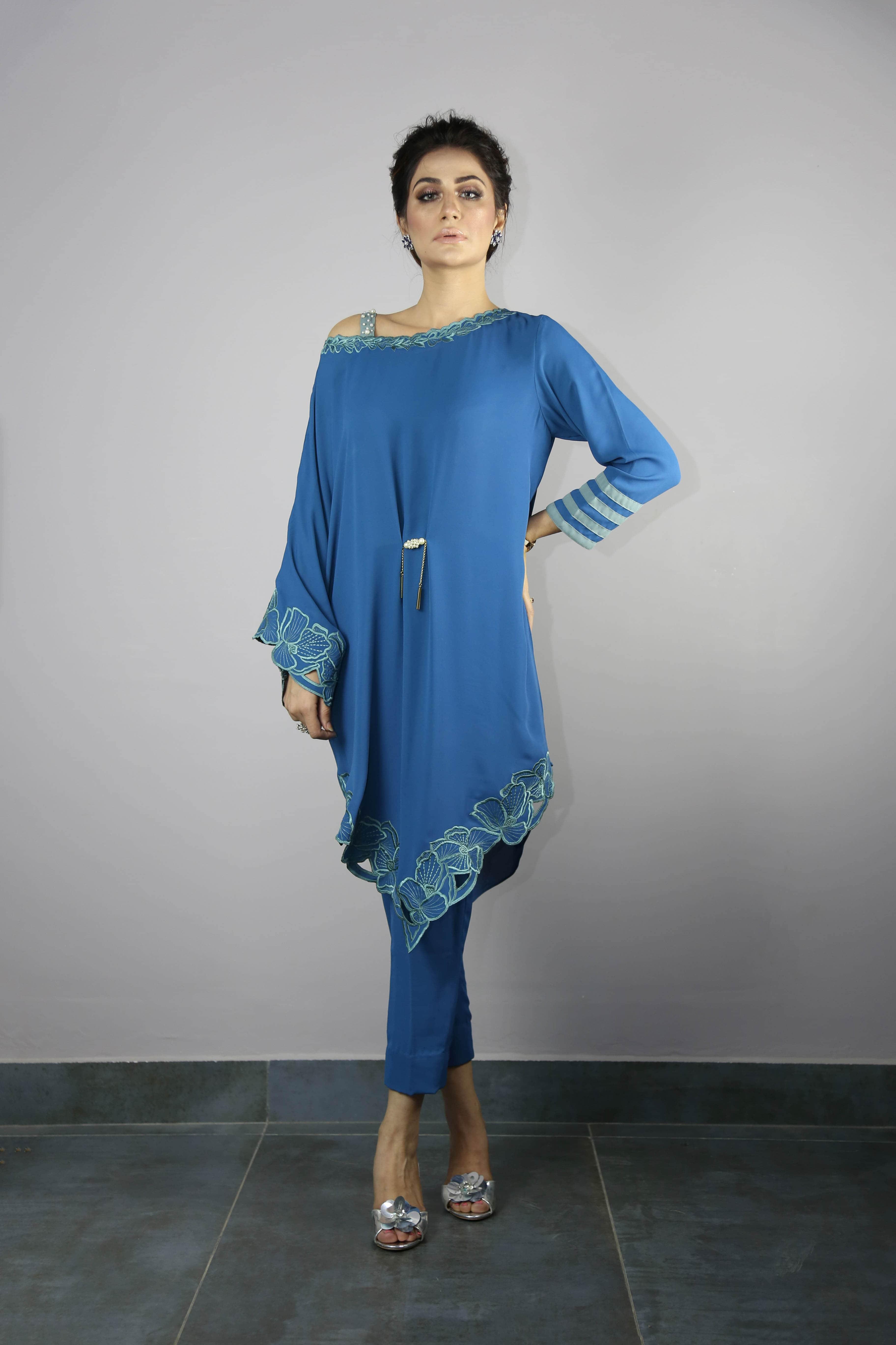 Urooj Fahd - Ocean Blue Angular Cut Work Tunic Top - 2 PC