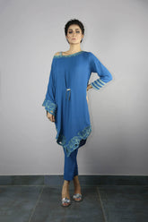 Urooj Fahd - Ocean Blue Angular Cut Work Tunic Top - 2 PC