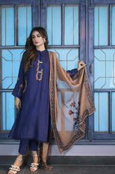 Urooj Fahd - Cobalt Blue Kurta With Embroidery - 3 PC