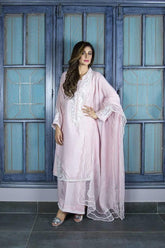 Urooj Fahd - Baby Pink Cotton Neck Applique Shirt - 3 PC
