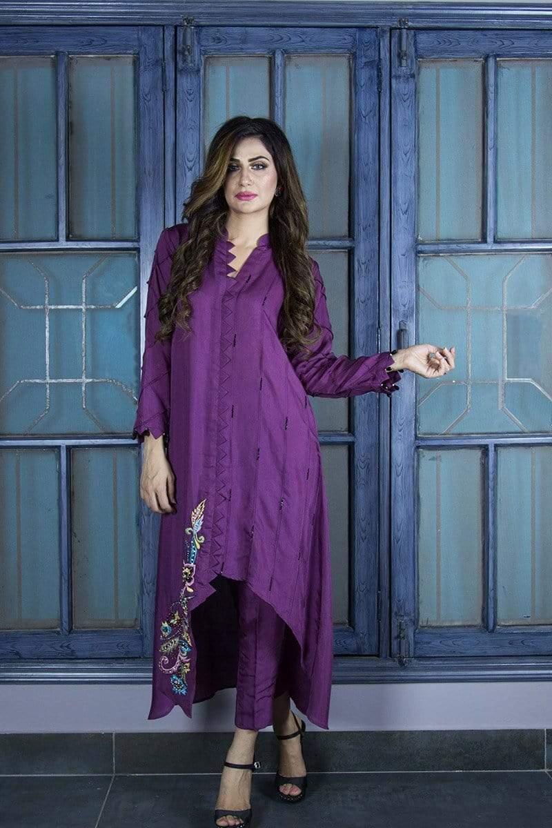 Urooj Fahd - Plum Angular Hemline Shirt - 2 PC