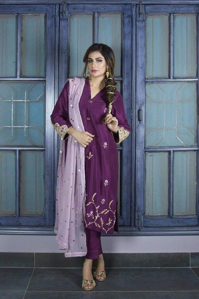 Urooj Fahd - Plum Pure Raw Silk Shirt - 3 PC