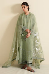Cross Stitch - Raw Silk Silver Sage Suit For Women - Green - 3 Piece
