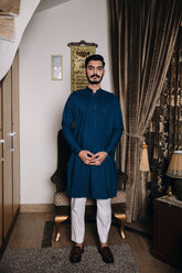 Shahjahan - Teal Blue Kurta White Trouser - 2 Piece