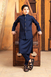 Shahjahan - Boski Navy Blue Kurta Trouser with Waistcoat - 3 Piece