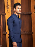 Shahjahan - Boski Navy Blue Kurta Trouser With Waistcoat - 3 Piece