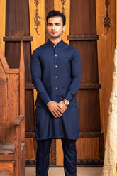 Shahjahan - Boski Navy Blue Kurta Trouser With Waistcoat - 3 Piece