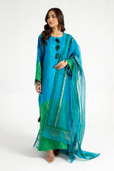 Arif Ashraf - Yasil - Blue and green - Self Jacquard and Organza - 3 Piece