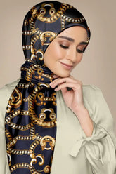 Black Wolf - GOLD NAVY BLUE CHAIN LOOP SILK HIJAB - 1 Piece