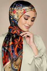 Black Wolf - ELABORATE FLORAL SILK HIJAB - BLACK - 1 Piece
