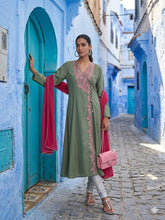 Gulabo - Cotton Swiss Lawn Bloom Kaftan For Women - Olive - 3 Piece