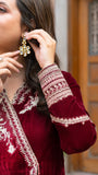 Omal by Komal - Zarmina (Frock & Dupatta) - Maroon - Velvet & Maysuri - 2 Piece