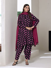 Oaks - Screen Print Cambric Suit For Women - Black&Magenta - 3 Piece