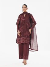 Oaks - Embroidered Pret Suit Net Slub Polly Plum - 3 Piece