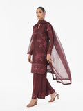 Oaks - Embroidered Pret Suit Net Slub Polly Plum - 3 Piece