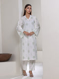 Oaks - Dyed Cambric Screen Print Suit For Women - White & Green - 2 Piece