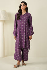 Cross Stitch - Deep Mauve - 2 Piece - Linen Printed Suit - Unstitch