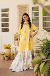 Hummingbirdspk - Jaan-e-Bahar - Yellow & White Block Printed Gharara Set 4 Piece