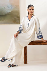 Cross Stitch - Blue Wave Linen Suit For Women - White - 2 Piece