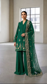Reema Ahsan - Zaira Georget Suit For Women - Bottle Green - 3 Piece